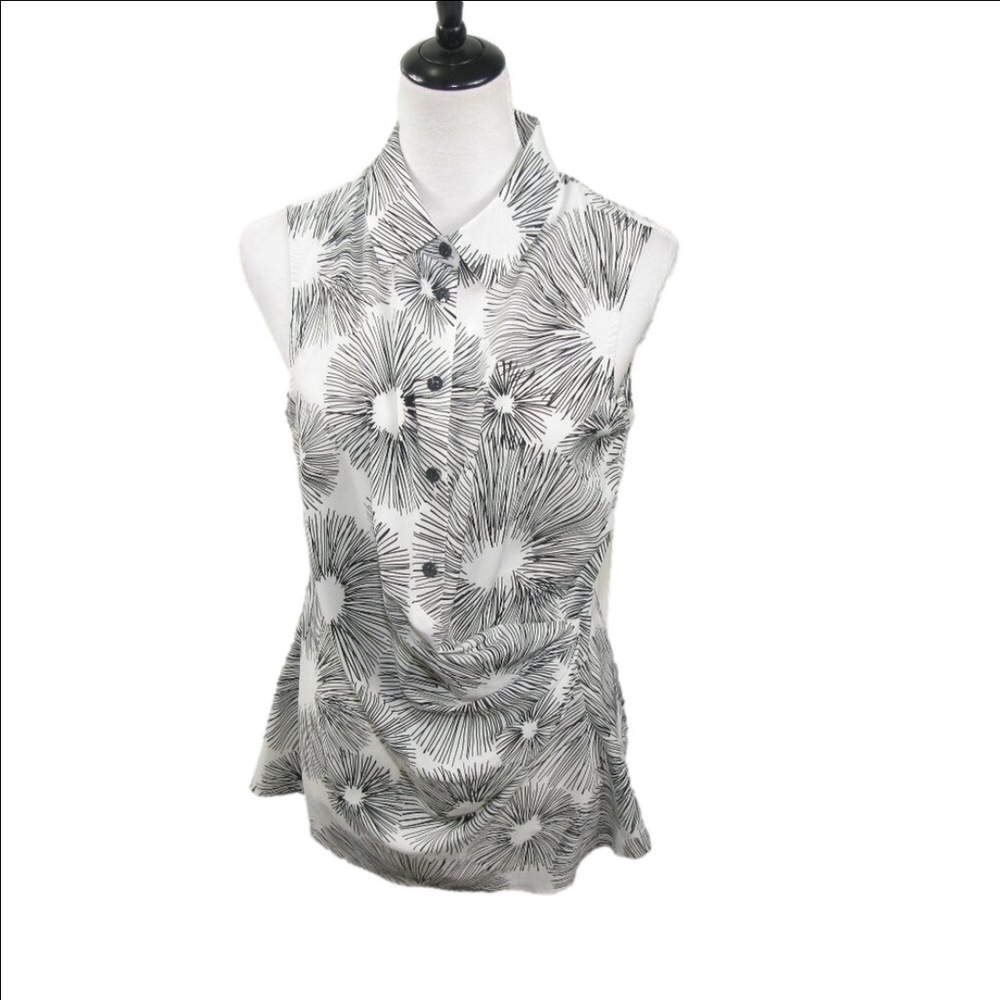 Cabi White/Black Patterned Partial Button Front S… - image 1